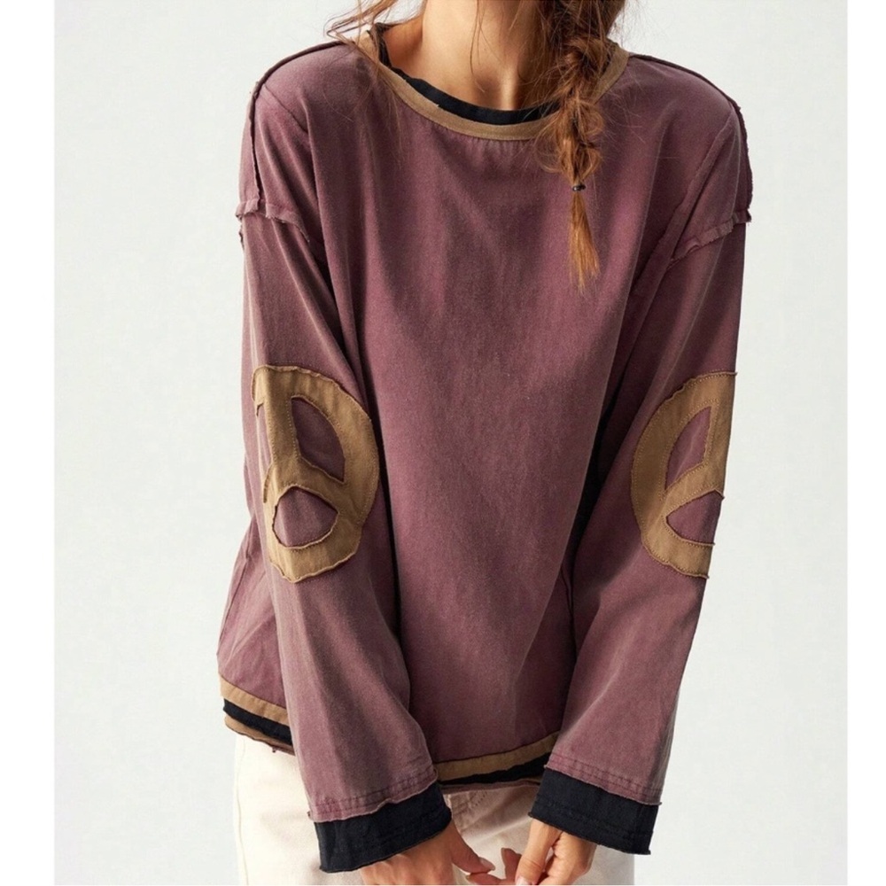 Cozy Peace Patch Oversized Reverse Stitch Color Block Top XS S M L XL